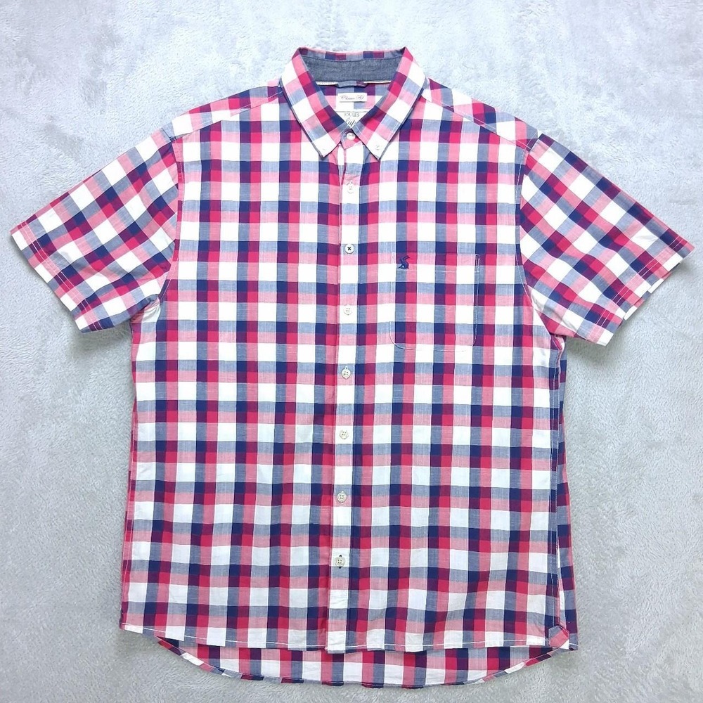 Joules Mens Short Sleeve Button Up Shirt L Red Blue Plaid Preppy Cotton Classic